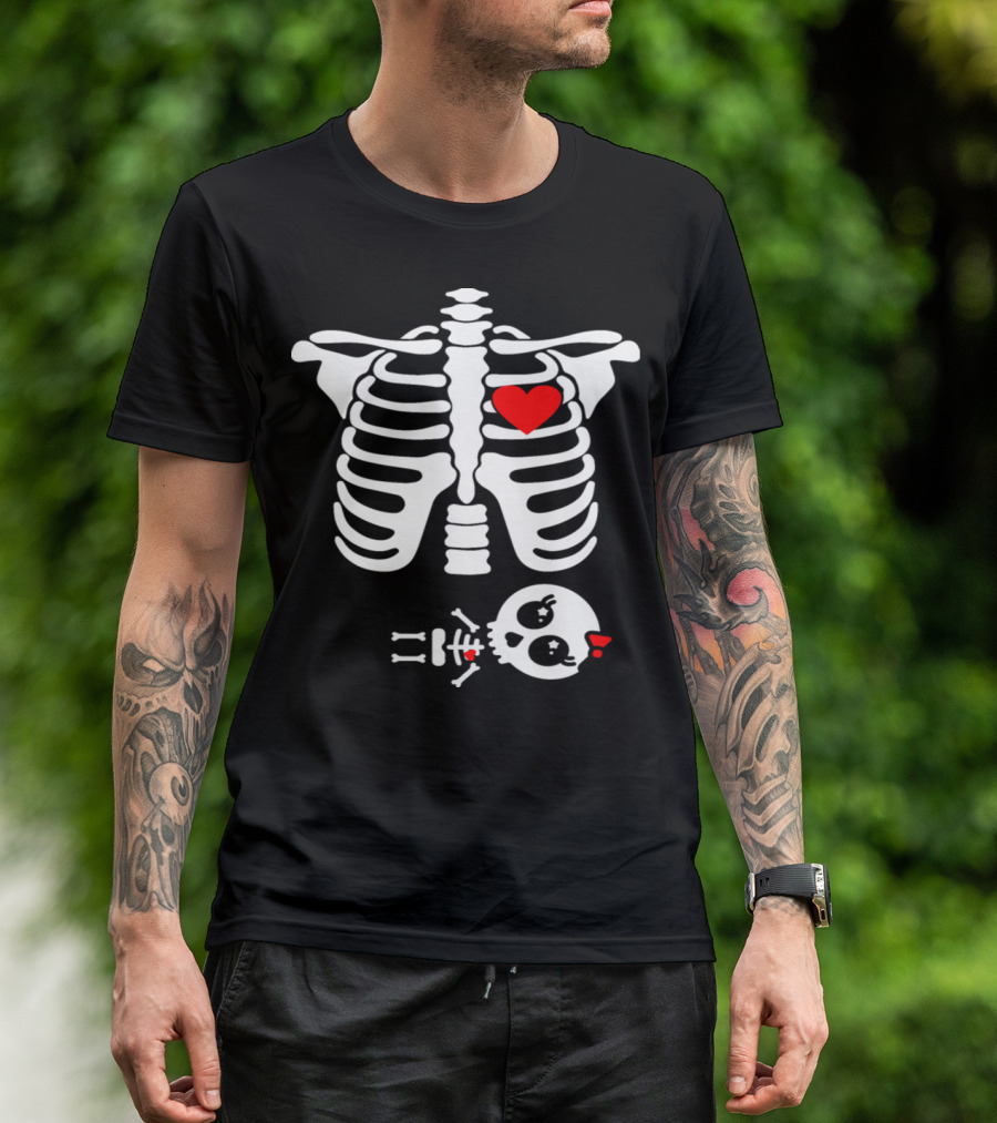 Pregnant Skeleton Costume Halloween Baby Girl Heart Bow T-Shirt