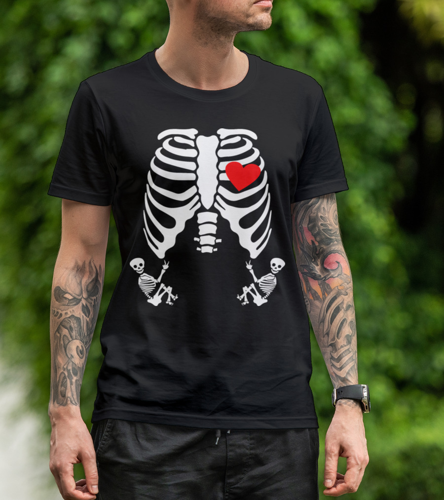 Pregnant Skeleton Twin Heart Ribcage T-Shirt