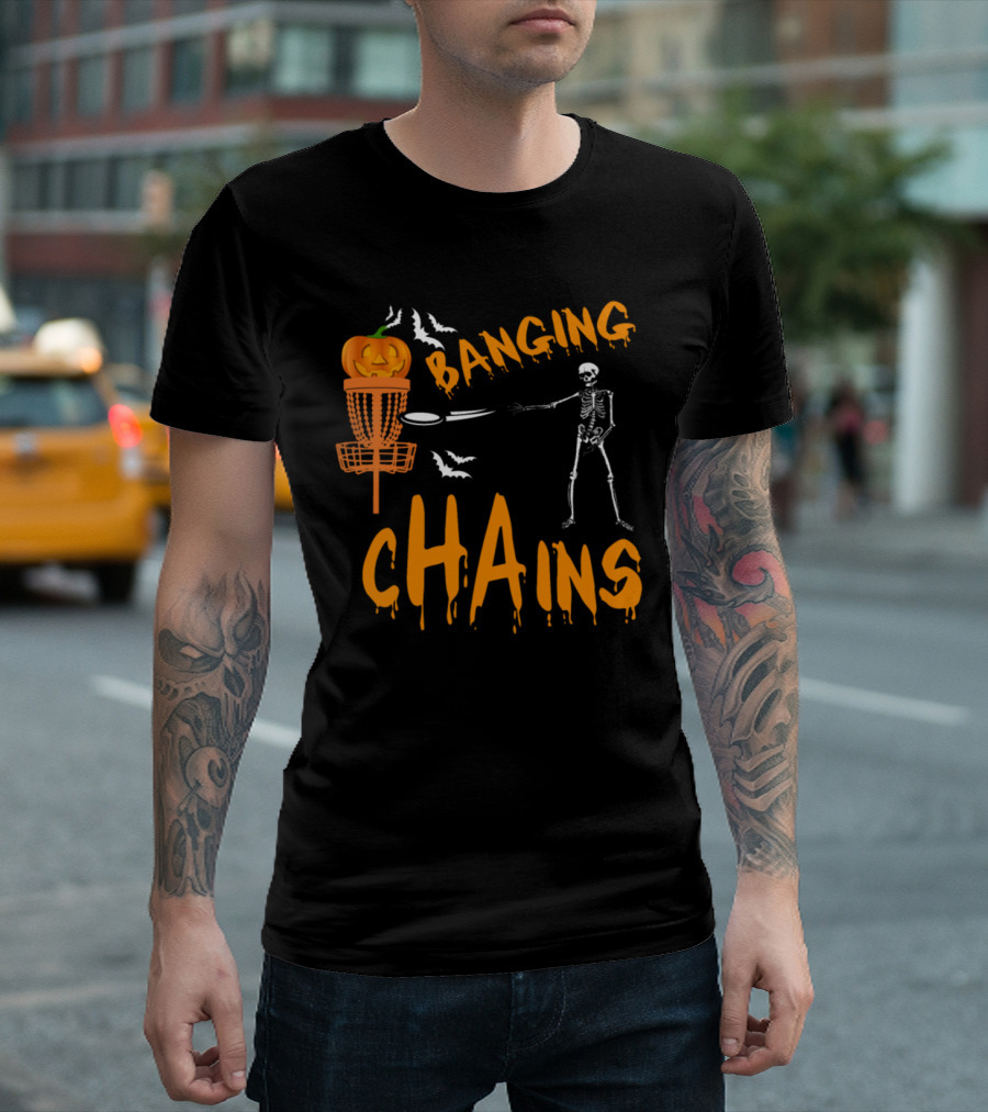 Disc Golf Halloween Skeleton Banging Chains with Pumpkin Basket and Bats T-Shirt
