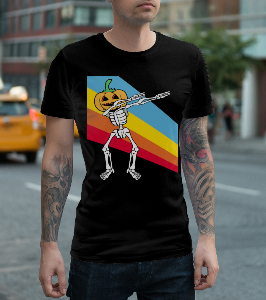 Vintage Halloween Dab Skeleton Pumpkin Retro Rainbow T-Shirt