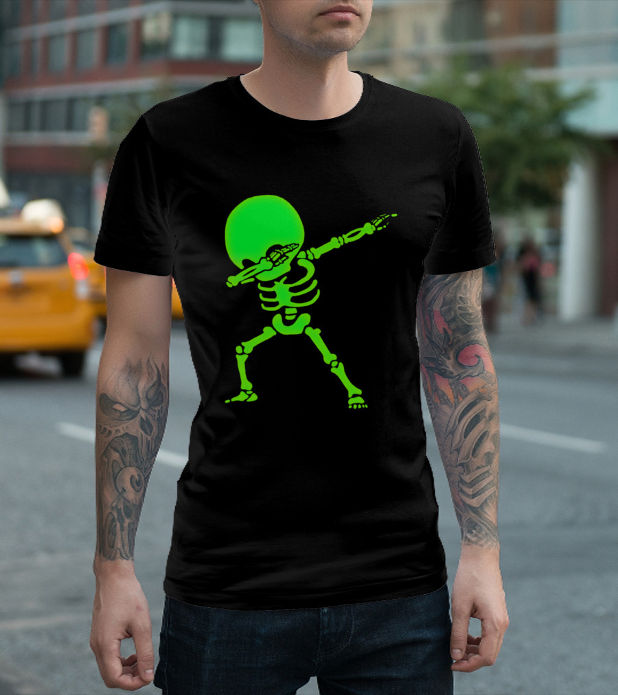 Dabbing Neon Glow Big Head Skeleton T-Shirt