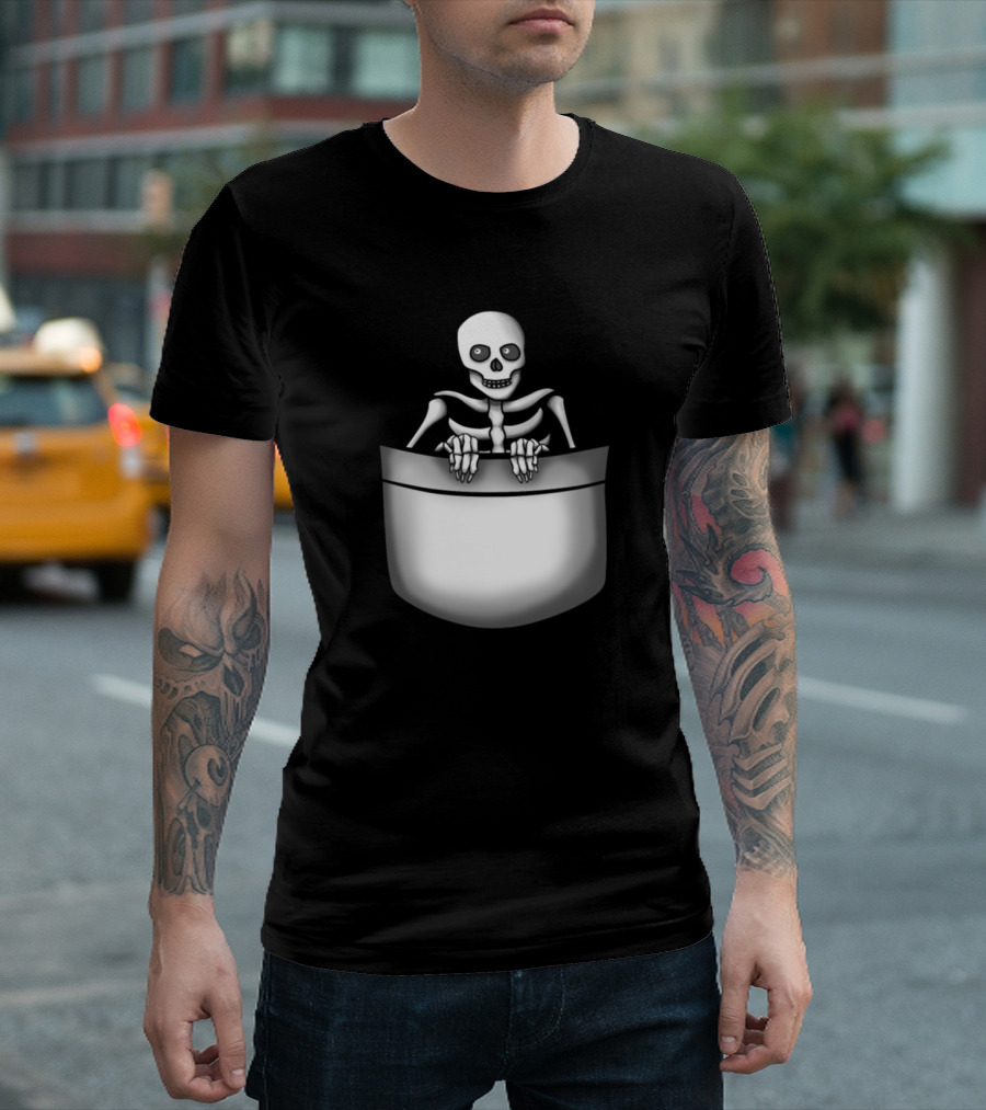 Skeleton Skull Monster Horror Peek Out Pocket T-Shirt