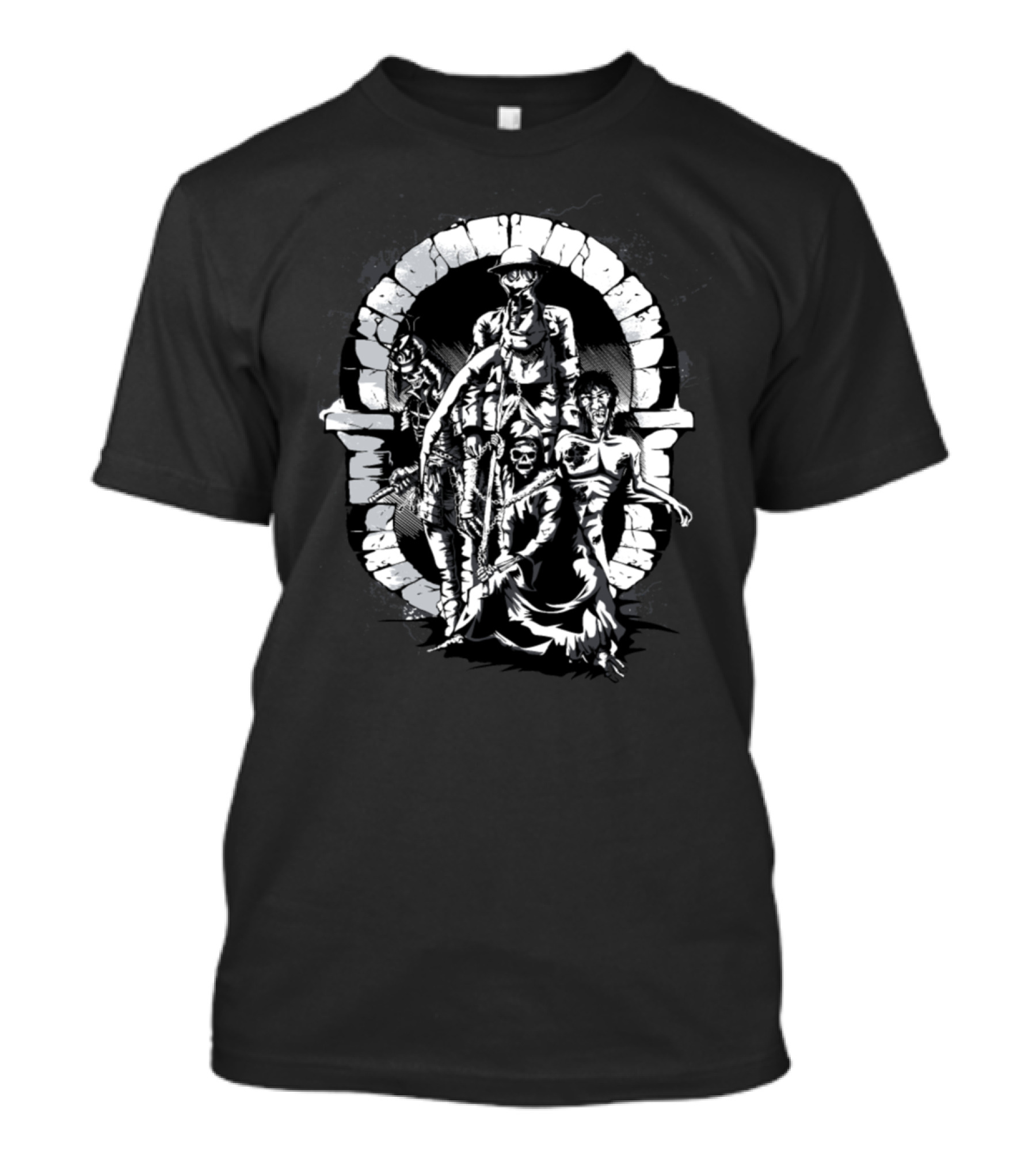 Grim Reaper Angel Of Death Samurai Skeleton With Zombies In Arched Gateway T-Shirt