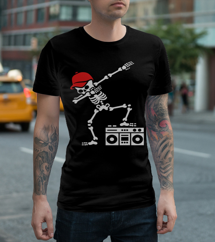 Dabbing Skeleton With Red Hat And Boombox Ghetto Blaster T-Shirt