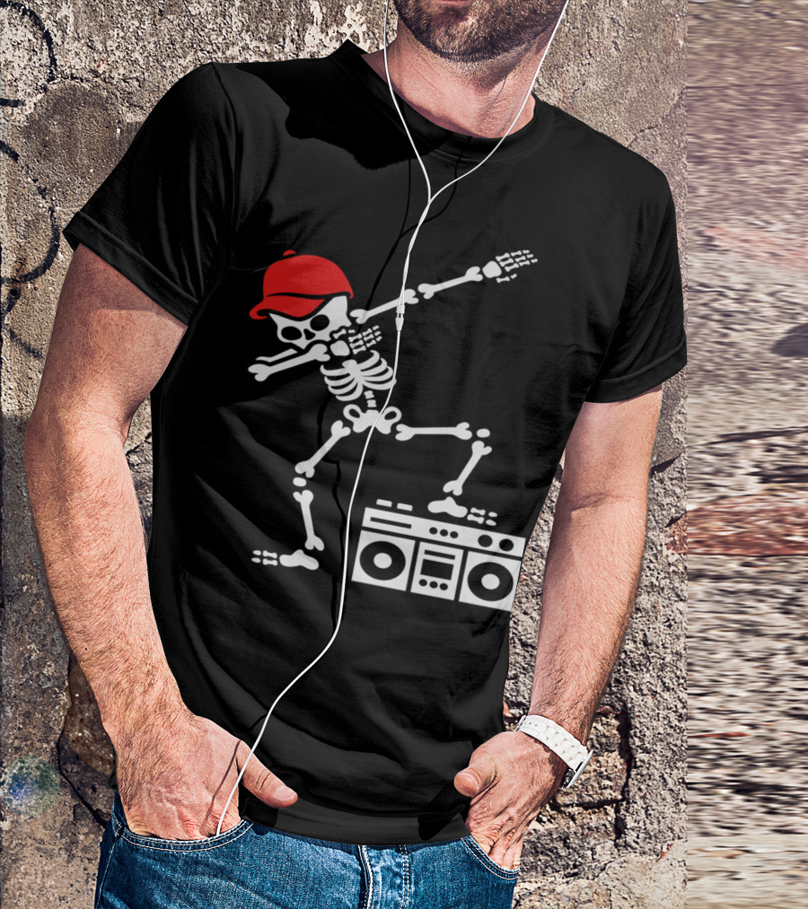 Dabbing Skeleton With Red Hat And Boombox Ghetto Blaster T-Shirt