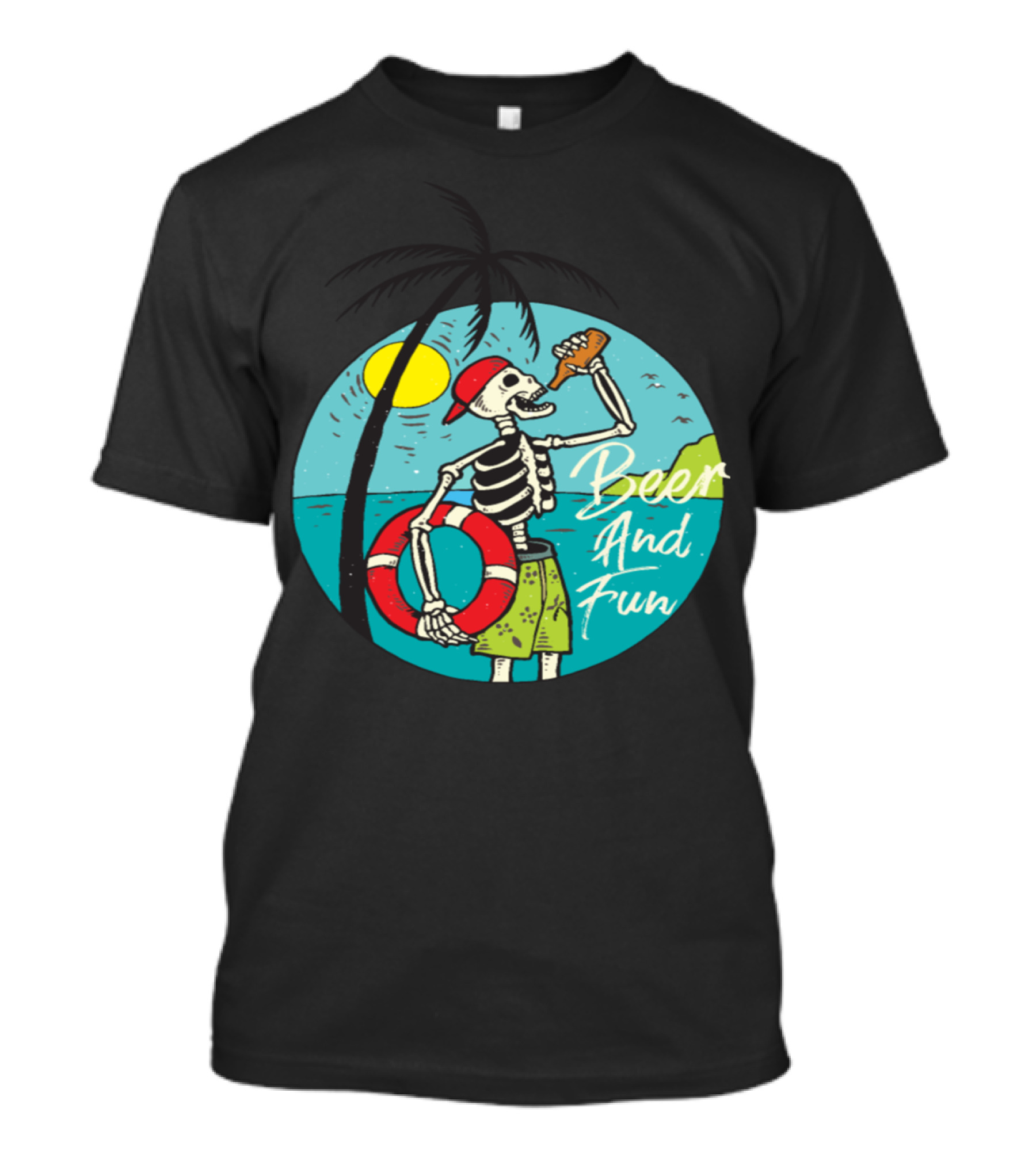 Sunny Beer And Fun Skeleton Beach Scene T-Shirt
