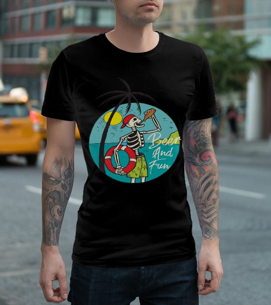 Sunny Beer And Fun Skeleton Beach Scene T-Shirt