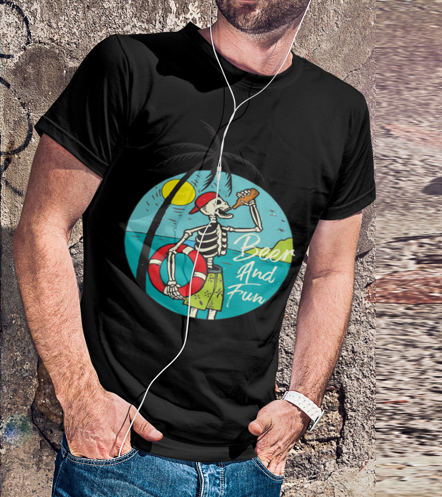 Sunny Beer And Fun Skeleton Beach Scene T-Shirt