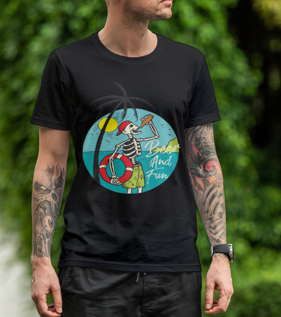Sunny Beer And Fun Skeleton Beach Scene T-Shirt