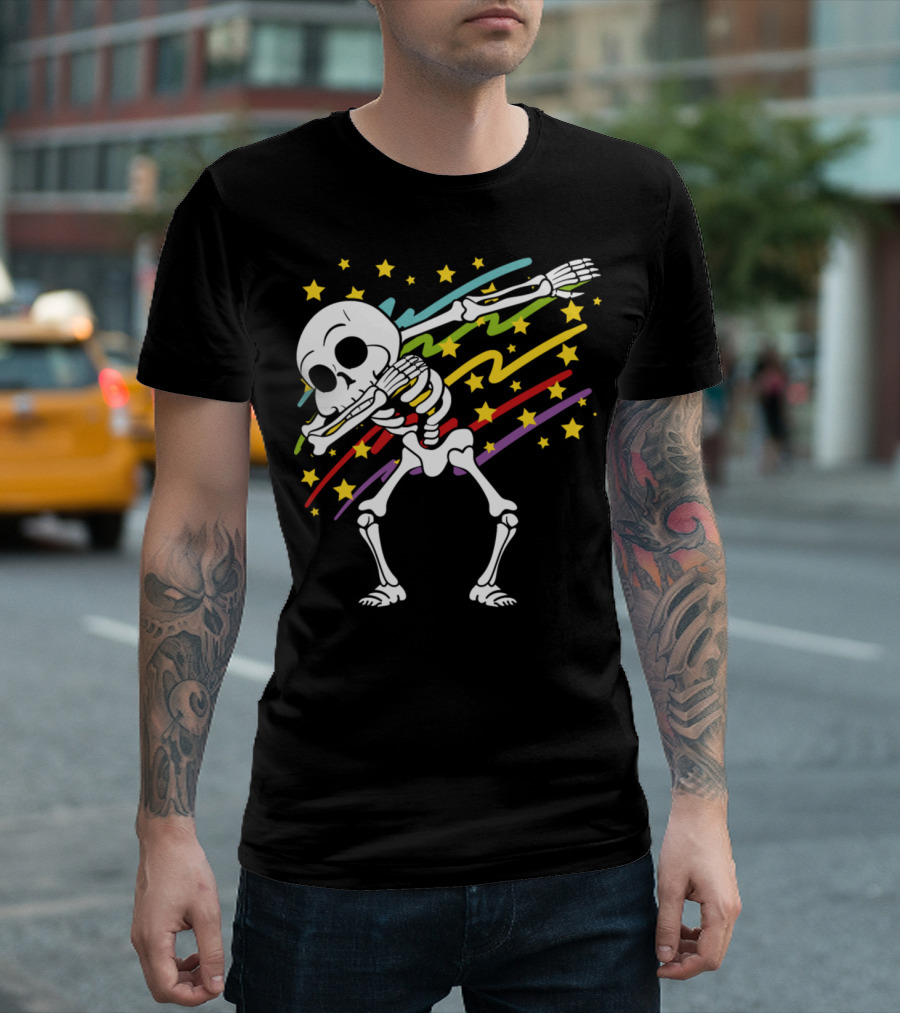 Disco Party Music Dabbing Dab Skeleton with Stars and Colorful Streaks Halloween T-Shirt