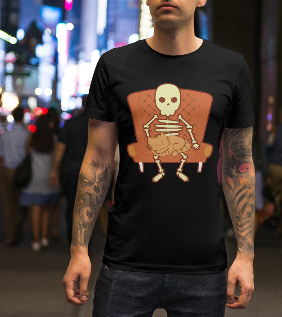 Cat Lover Kitten Feline Skeleton Skull Couch T-Shirt