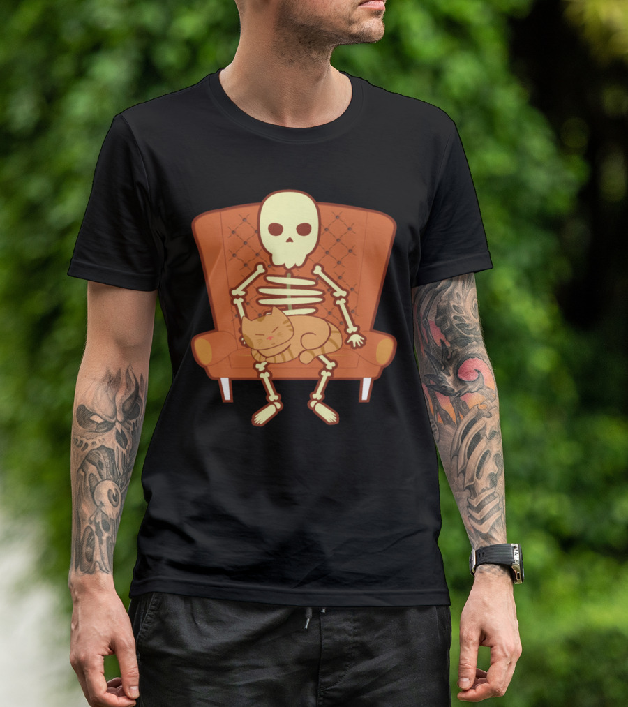 Cat Lover Kitten Feline Skeleton Skull Couch T-Shirt