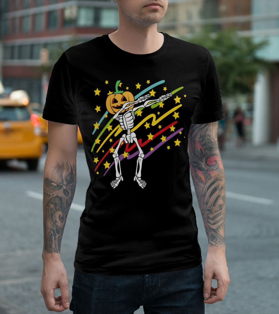Dabbing Pumpkin Skeleton Halloween Disco Party Music Stars T-Shirt