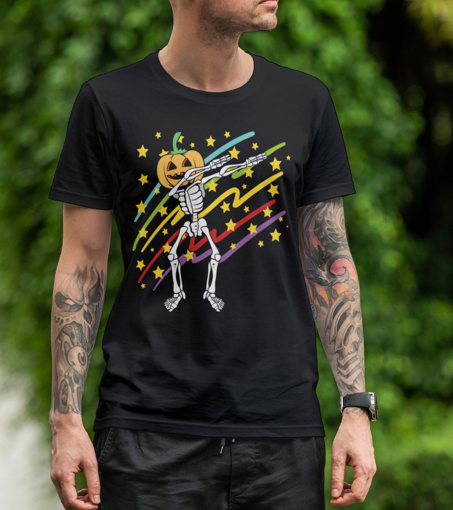 Dabbing Pumpkin Skeleton Halloween Disco Party Music Stars T-Shirt