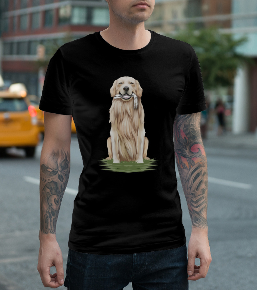 Funny Golden Retriever with Skeleton Hand in Mouth T-Shirt