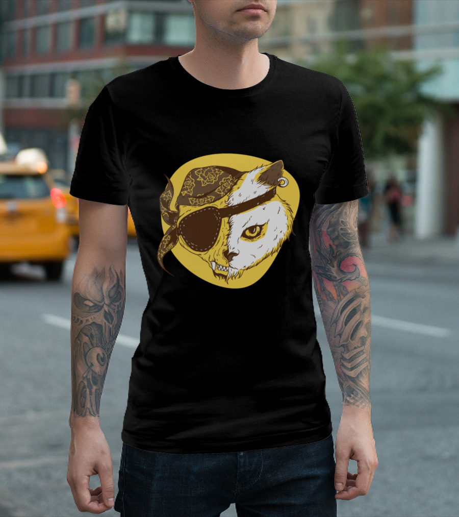 Pirate Cat with Floral Bandana and Eye Patch T-Shirt