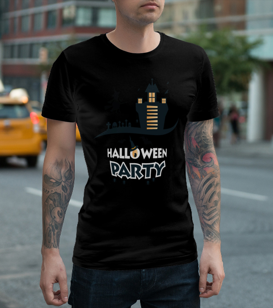 Halloween Party Witch And Haunted House With Bats T-Shirt