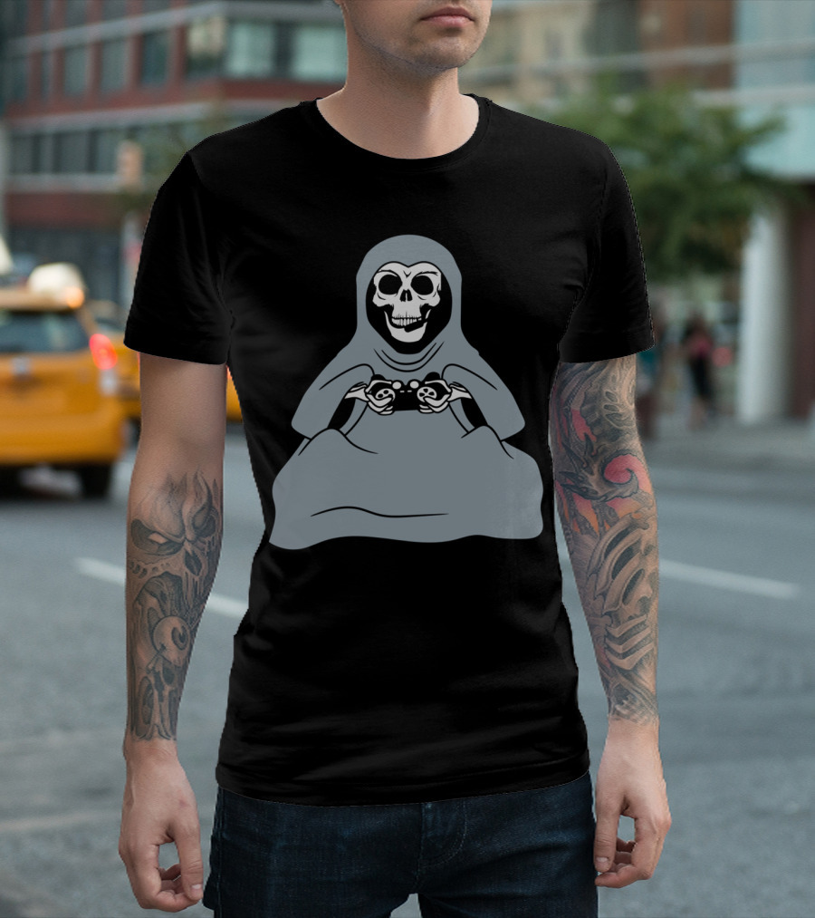 Sitting Grim Reaper Skull Gamer Headset Controller T-Shirt