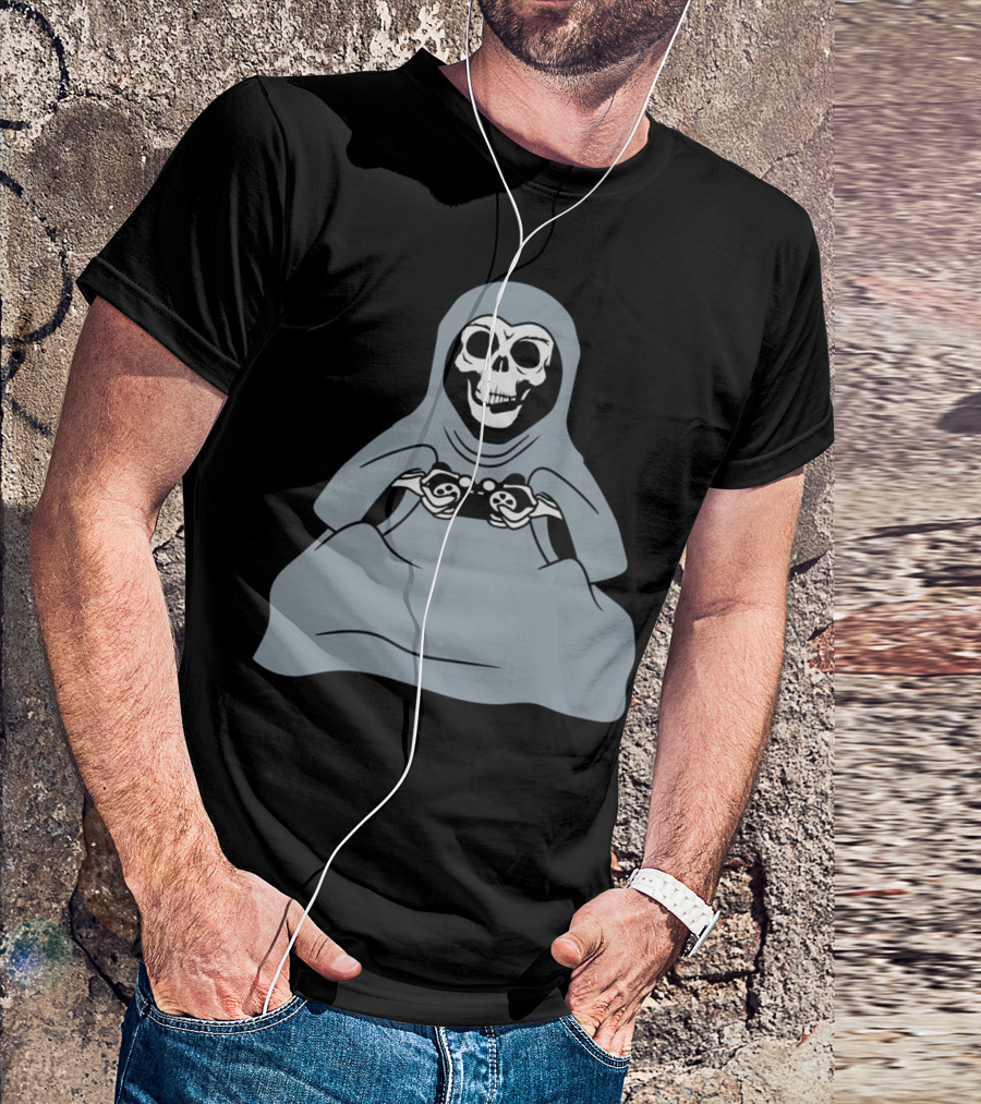Sitting Grim Reaper Skull Gamer Headset Controller T-Shirt