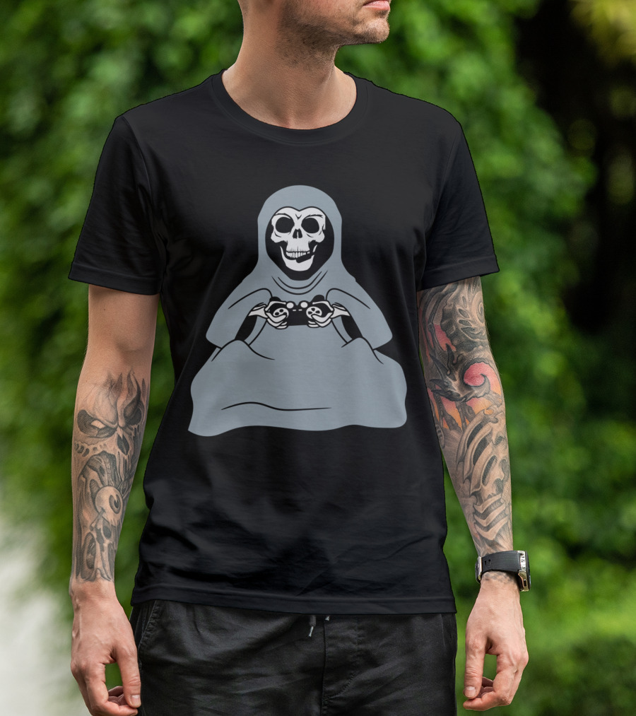 Sitting Grim Reaper Skull Gamer Headset Controller T-Shirt