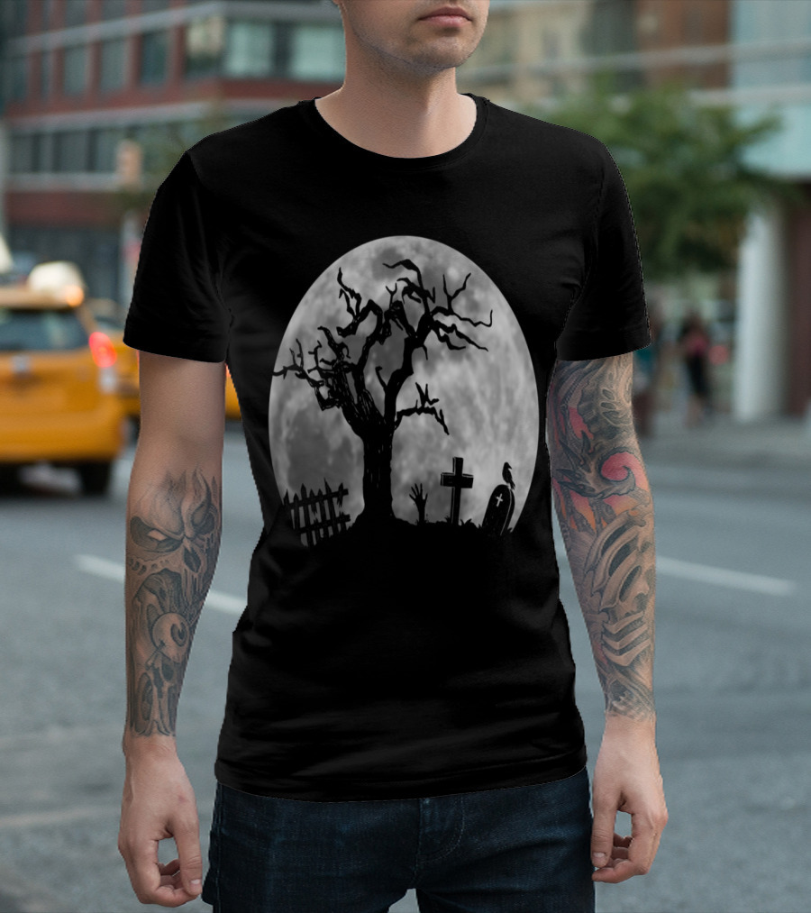 Cool Halloween Graveyard Zombie Hand Creeping Out Under Full Moon with Spooky Tree and Tombstones T-Shirt