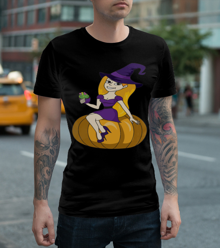 Halloween Cupcake Witch Sitting on Pumpkin T-Shirt