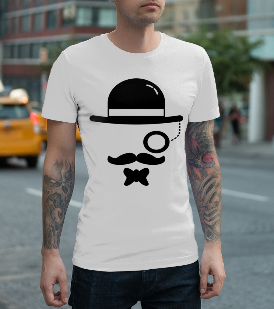 Hipster Bowler Hat Mustache Monocle Bow Tie T-Shirt