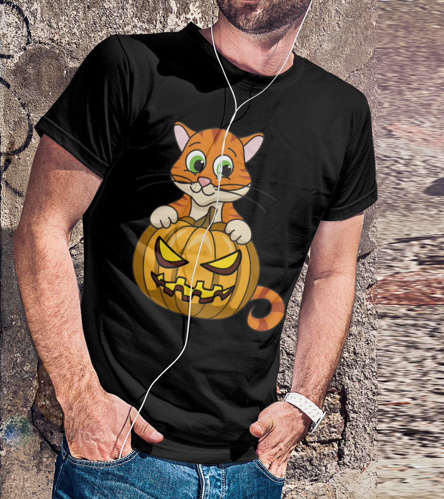 Cat Inside Grinning Pumpkin Halloween Monster Zombie Horror Pumpkin Face T-Shirt
