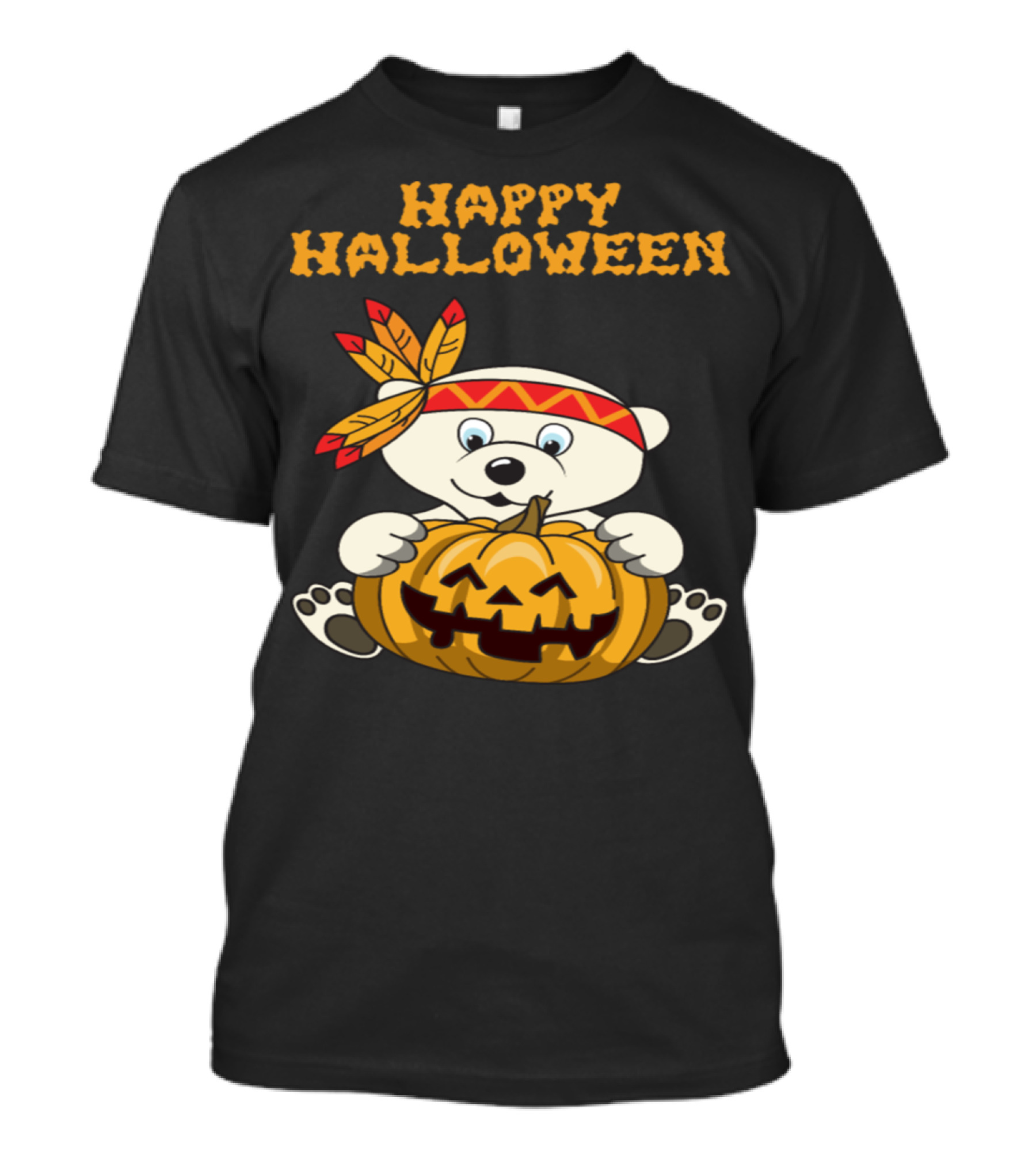 Happy Halloween Polar Bear With Pumpkin And Feathered Headband T-Shirt