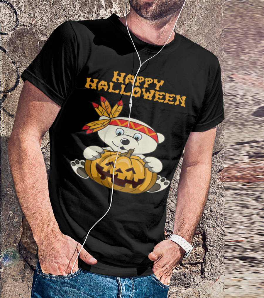 Happy Halloween Polar Bear With Pumpkin And Feathered Headband T-Shirt