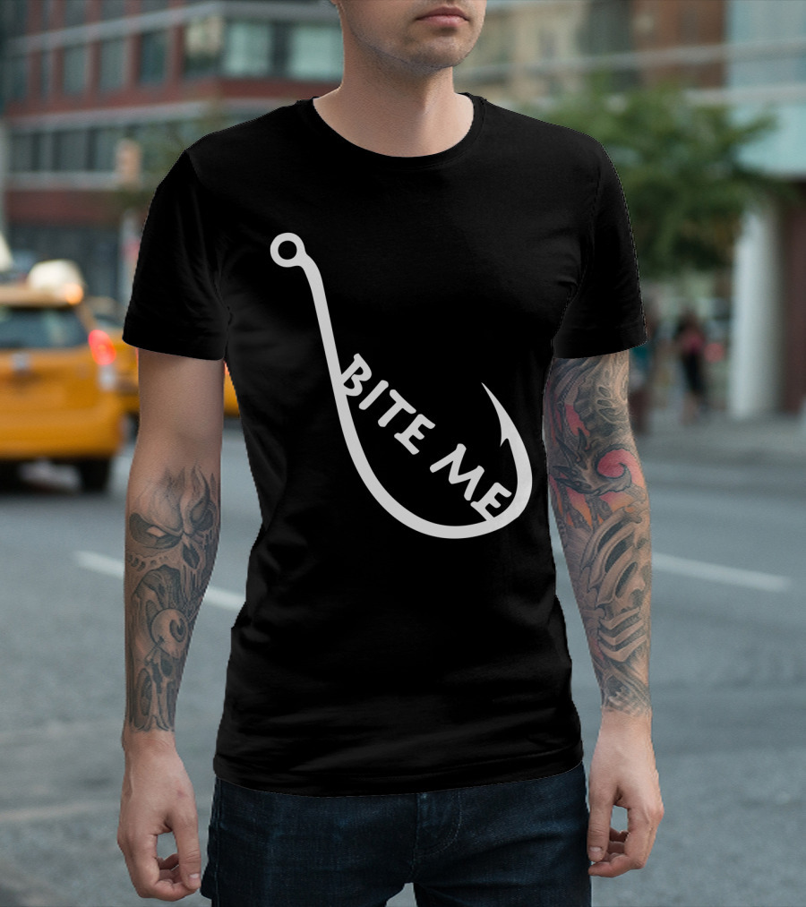 Bite Me Fishing Hook Typography T-Shirt