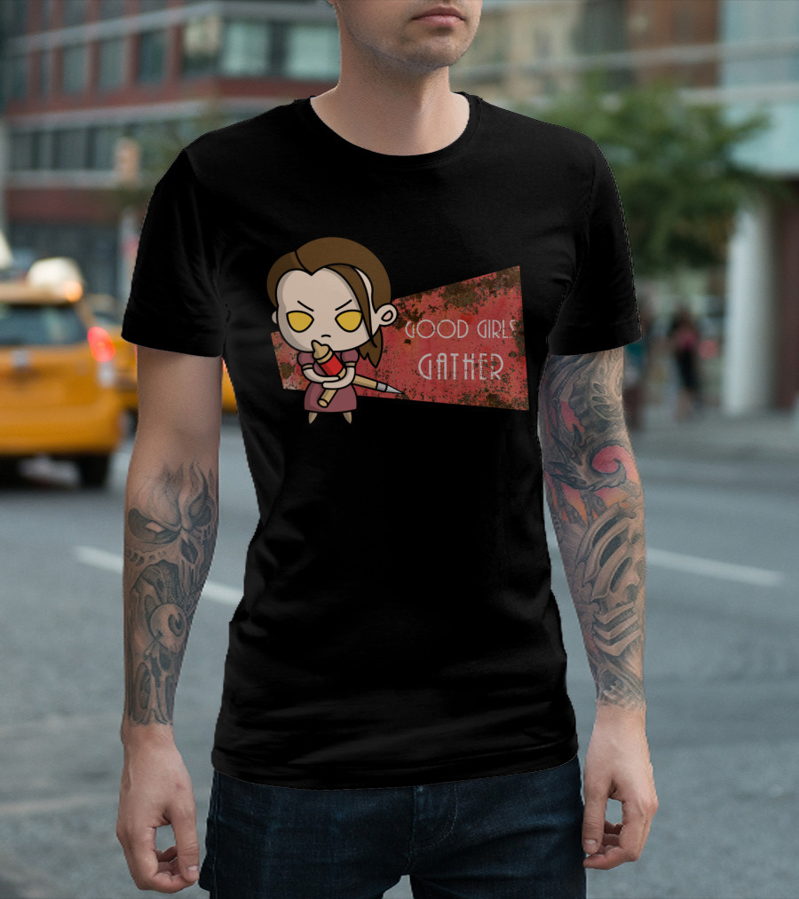 Good Girls Gather Cute Chibi Character with Red Paintbrush on Grungy T-Shirt