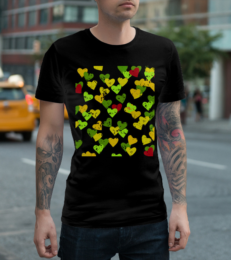 Autumn Hearts Pattern with Red Green Yellow Seasonal T-Shirt