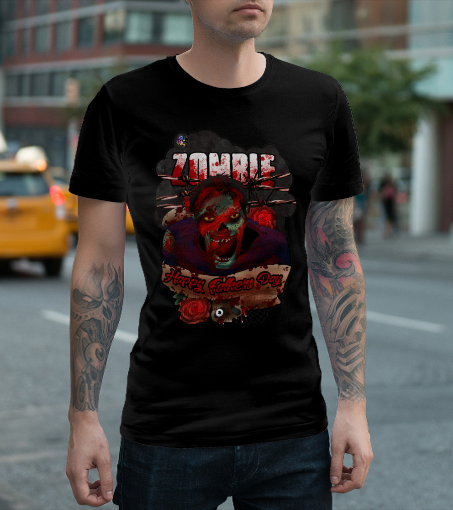 Zombie Happy Father's Day With Roses And Skull T-Shirt