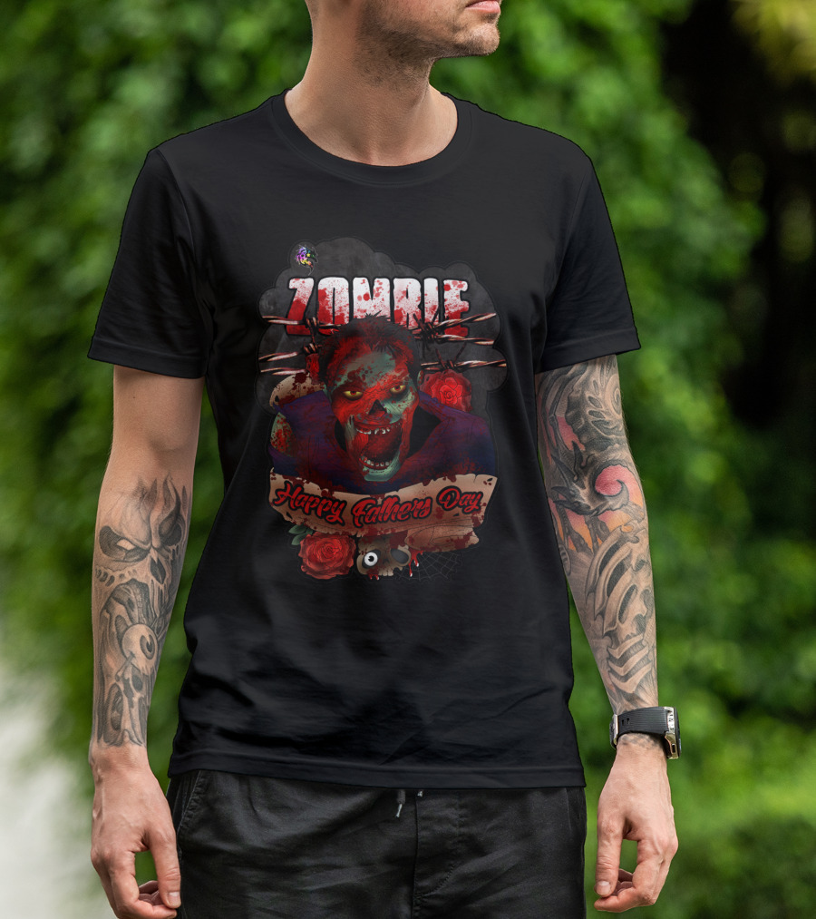 Zombie Happy Father's Day With Roses And Skull T-Shirt