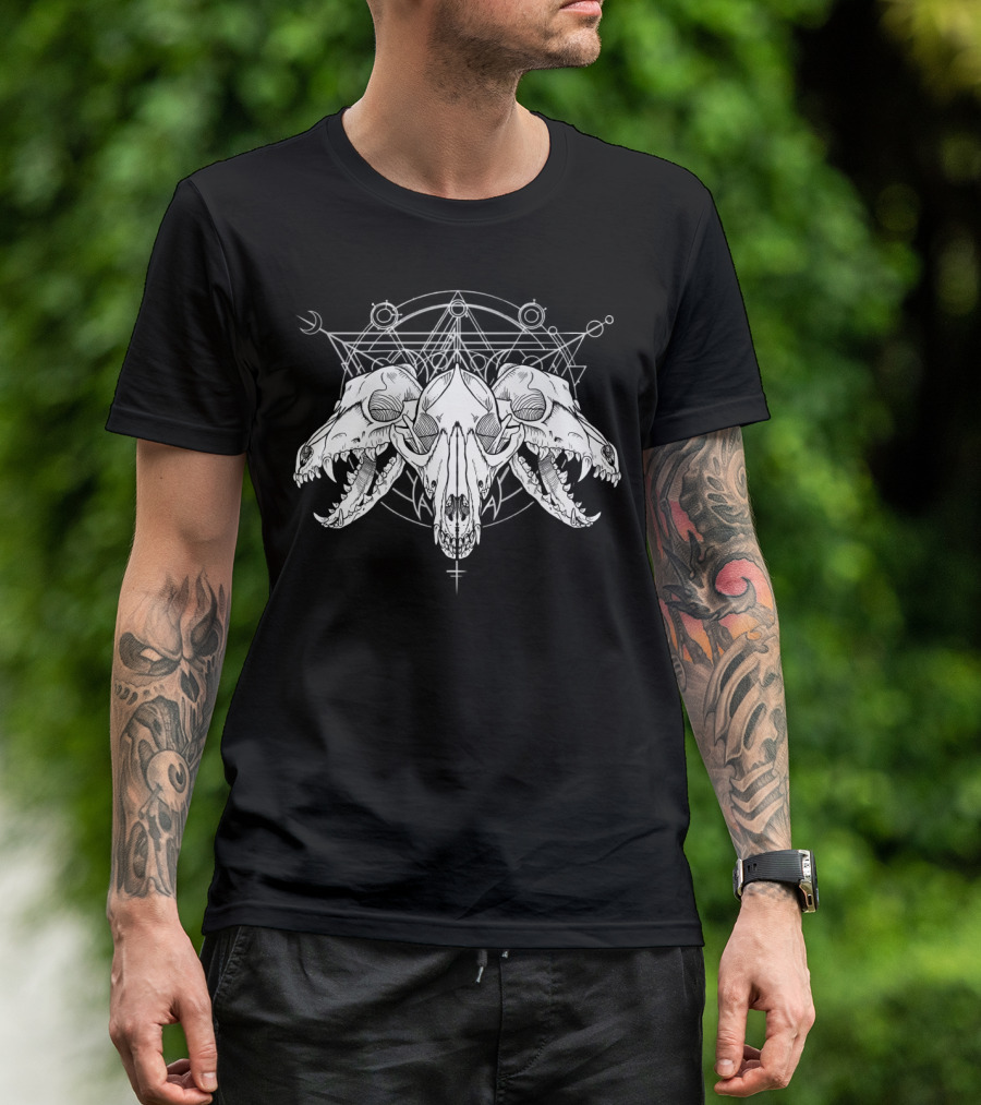 Alchemical Cerberus Triple Skull With Geometric Sacred Symbols And Crescent Moon T-Shirt