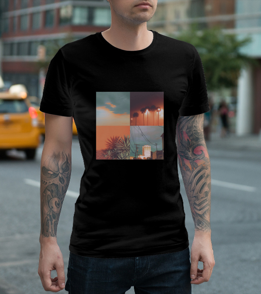 Palm Trees And Sunset Skies In Summer Circuits Quad Imagery Urban Landscape T-Shirt