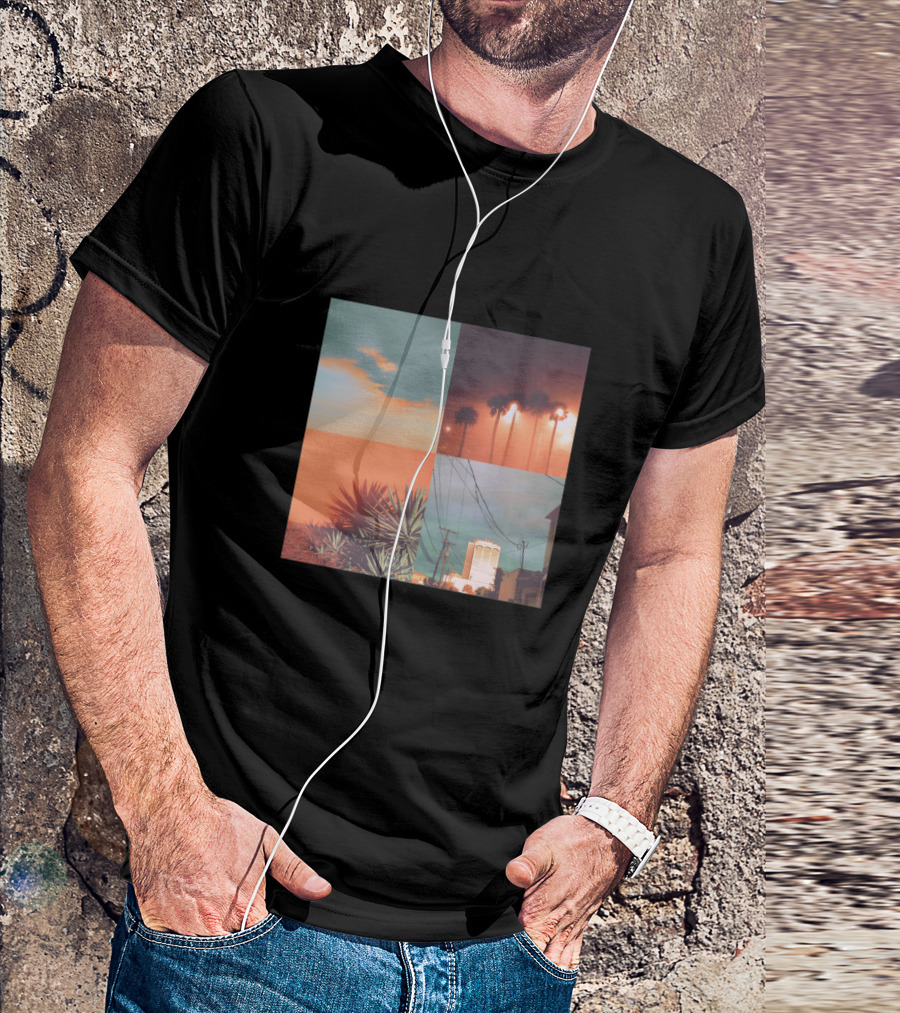 Palm Trees And Sunset Skies In Summer Circuits Quad Imagery Urban Landscape T-Shirt