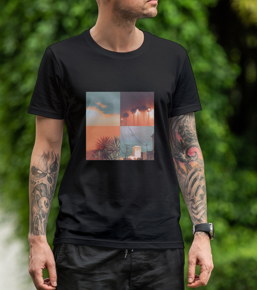 Palm Trees And Sunset Skies In Summer Circuits Quad Imagery Urban Landscape T-Shirt