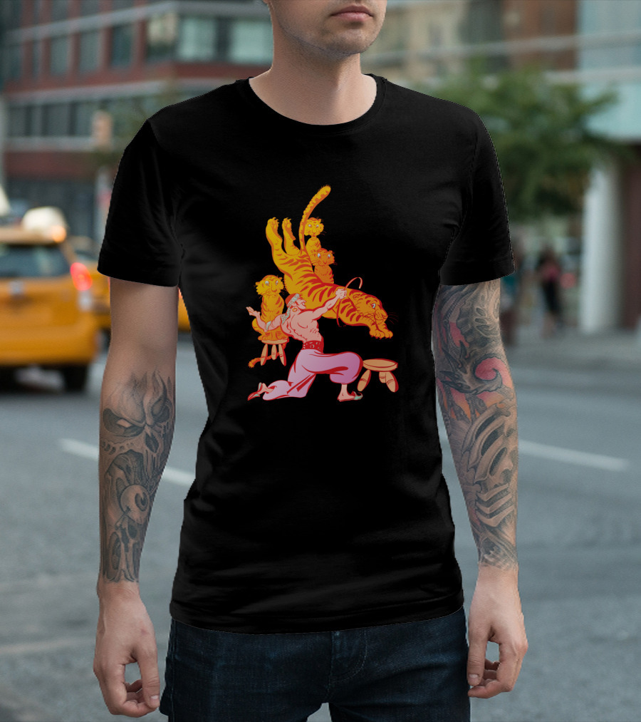 Vintage Circus Performer Balancing Tigers in Classic Cartoon T-Shirt