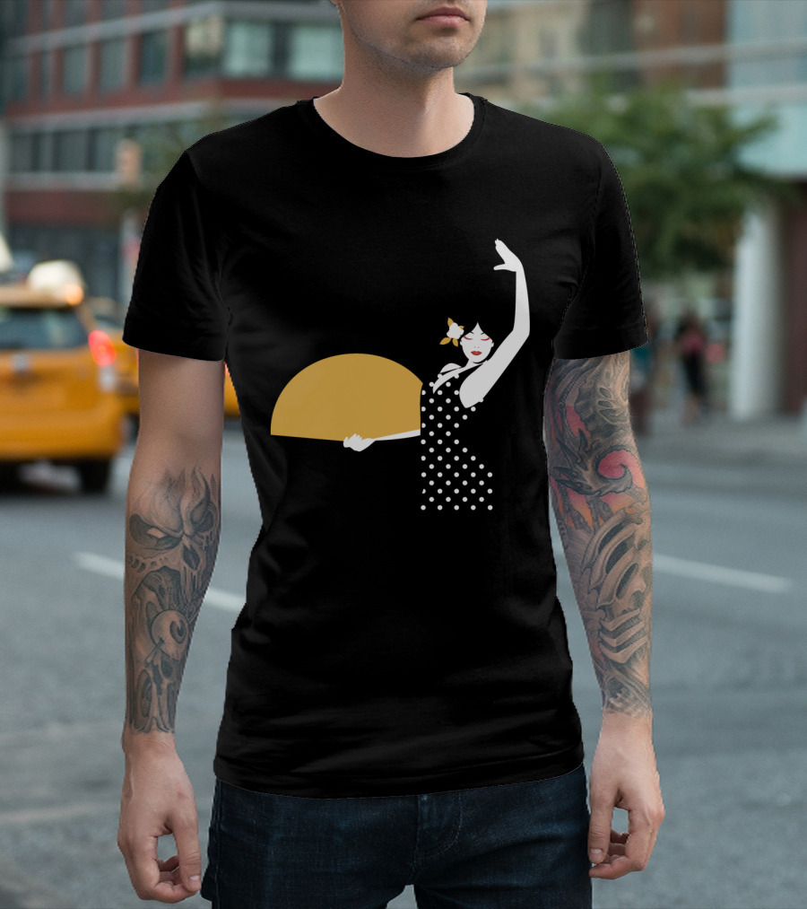 Spanish Dancer Polka Dot Dress Holding Fan Iconic Flamenco Pose T-Shirt