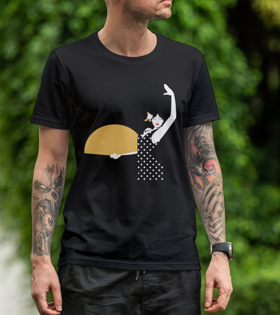 Spanish Dancer Polka Dot Dress Holding Fan Iconic Flamenco Pose T-Shirt