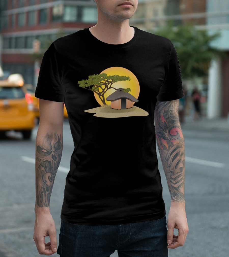 African Hut Sunset Landscape Vector Acacia Tree Scene T-Shirt