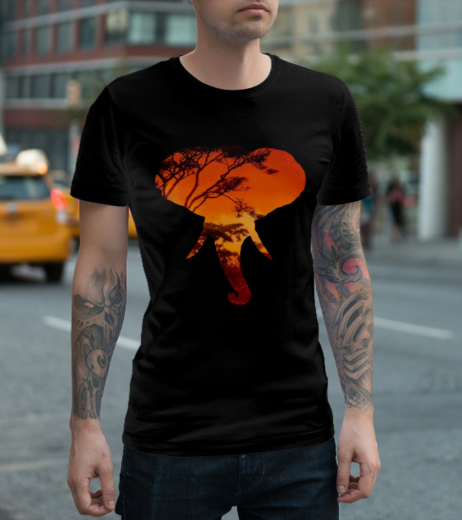 African Elephant Silhouette with Vibrant Sunset and Trees T-Shirt