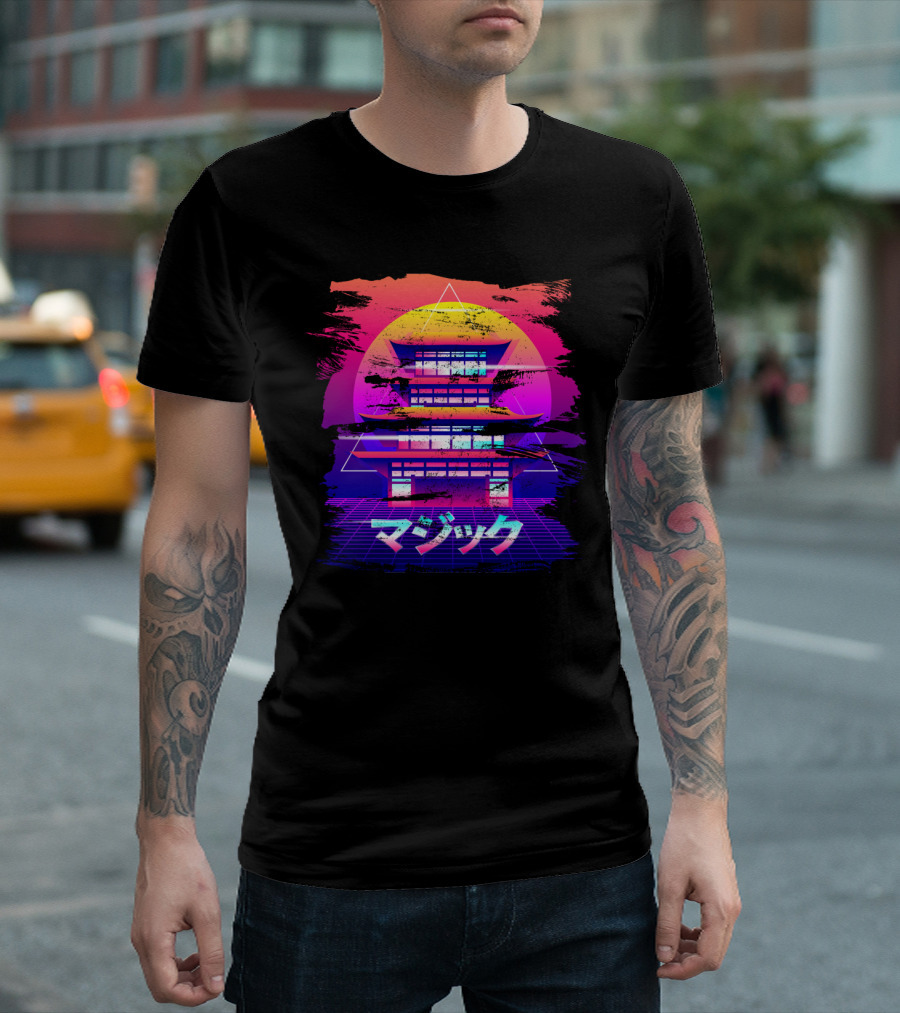 Japanese Pagoda Magic Vaporwave Retro Aesthetic Design With Neon Sunset And Geometric Shapes T-Shirt