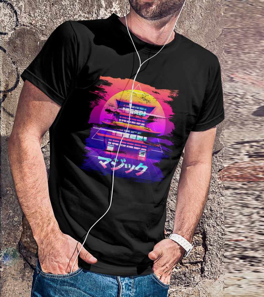 Japanese Pagoda Magic Vaporwave Retro Aesthetic Design With Neon Sunset And Geometric Shapes T-Shirt