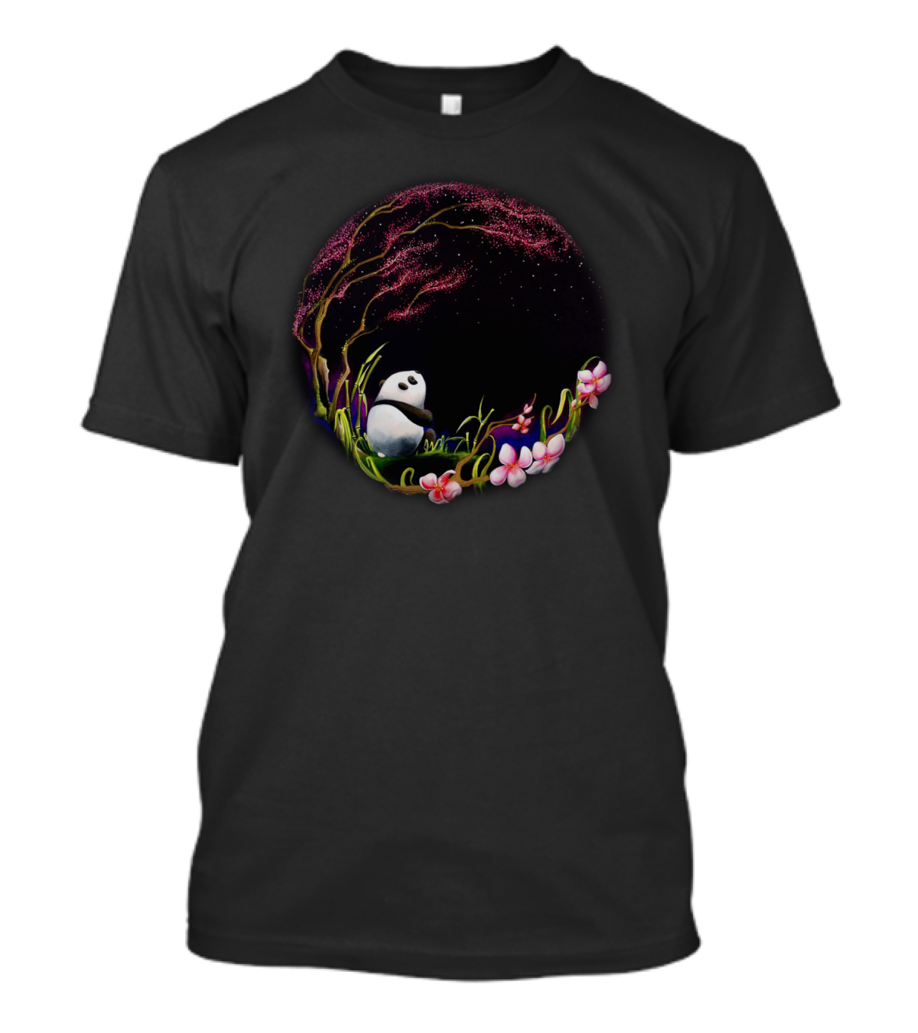 Magical Panda Beneath Cherry Blossoms And Starry Night Garden Enchantment T-Shirt