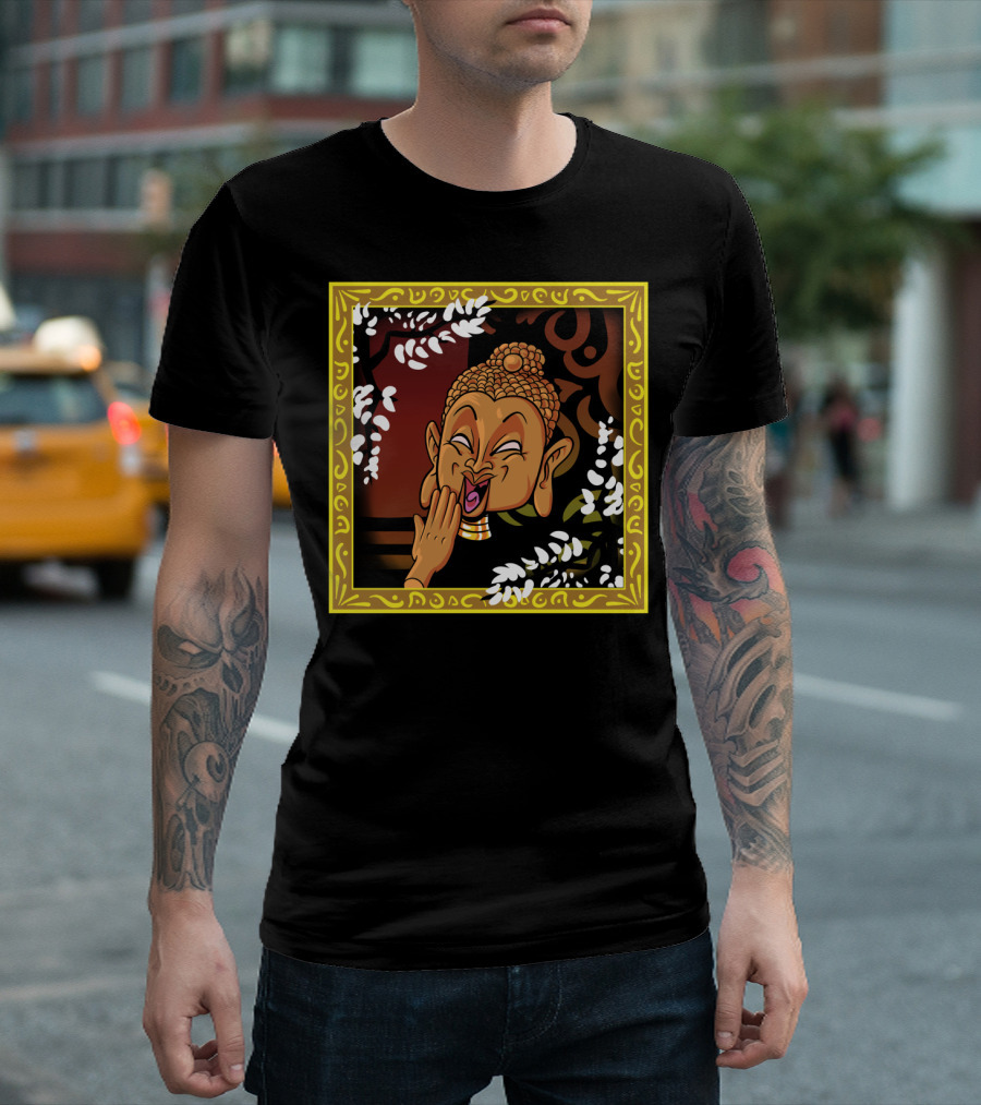 The Laughing Buddha in Ornate Gold Frame with Floral Accents T-Shirt