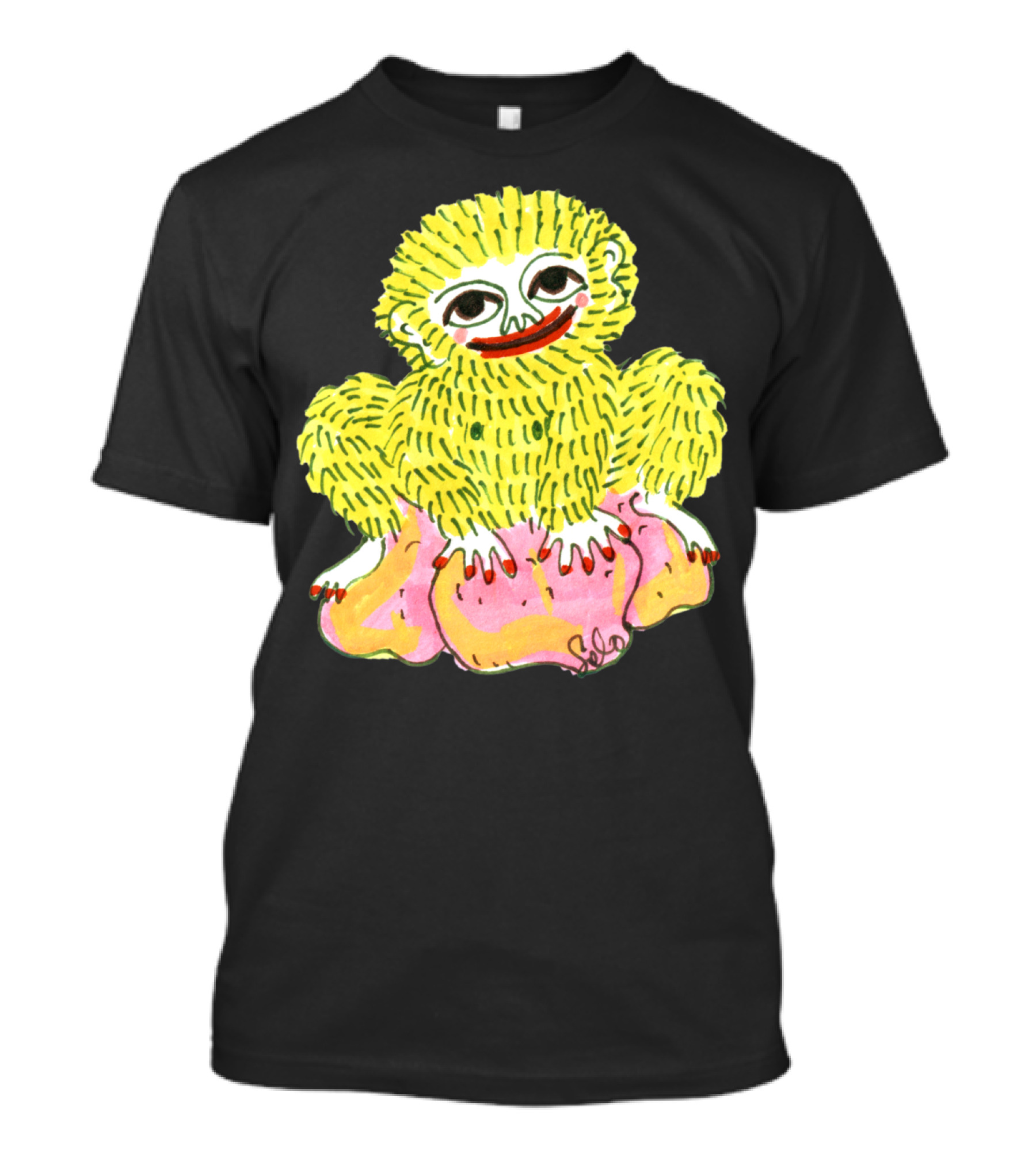 Golden Ape Man Cute Yellow Furry Creature Sitting On Pink Blob T-Shirt