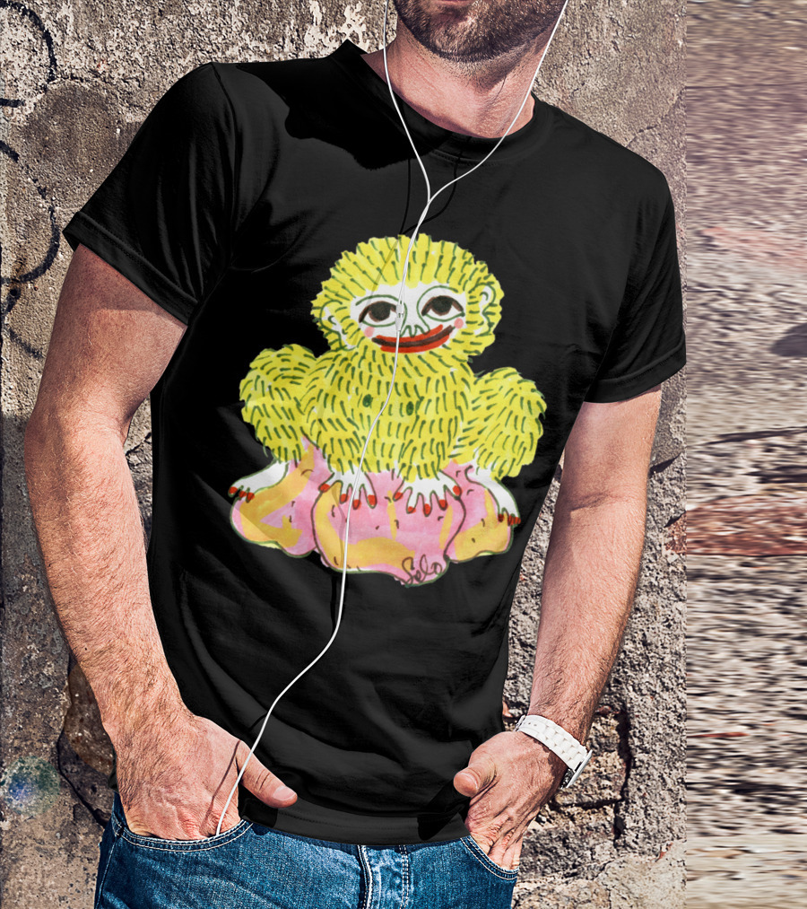 Golden Ape Man Cute Yellow Furry Creature Sitting On Pink Blob T-Shirt